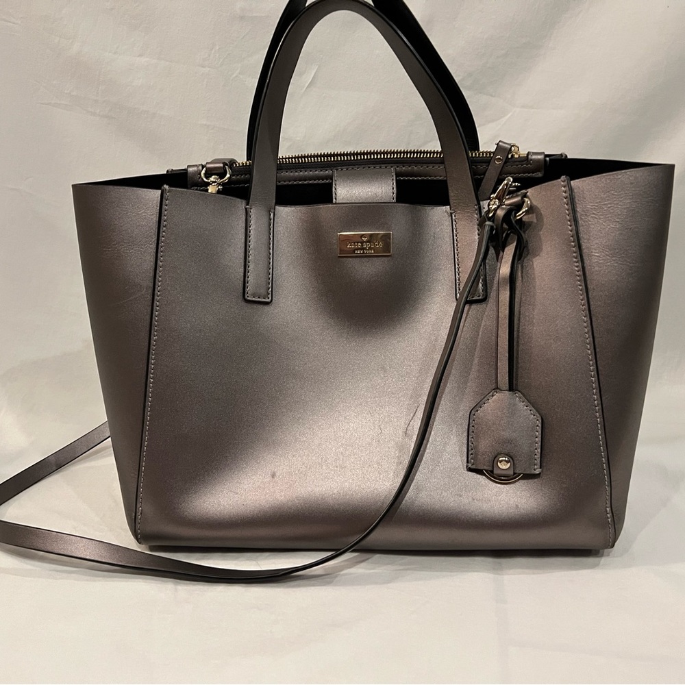 Kate Spade Metallic Gray Satchel Purse With Detachable Strap
